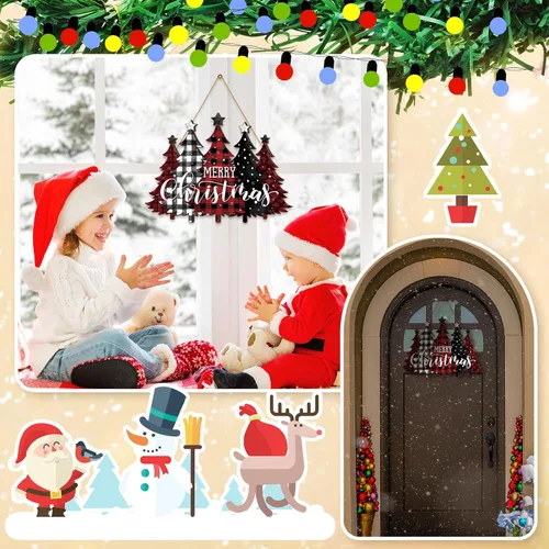 Miniatura 5 de BBTO Letrero de puerta con texto en inglés "Merry Christmas", diseño de búfalo a cuadros, árbol de Navidad, decoración de árbol de Navidad