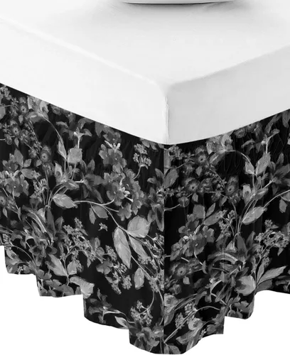 Miniatura 2 de Falda de cama de flores negras tamaño Queen de 16 pulgadas de caída, ajustable y elástica envolvente, plisada, con volantes de polvo de lujo