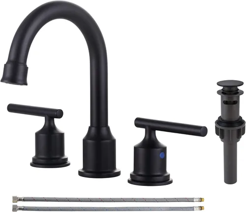 Miniatura 15 de WOWOW Grifo de baño de 2 manijas de bronce aceitado grifo de lavabo de baño de 3 agujeros con drenaje emergente y mangueras de suministro grifo
