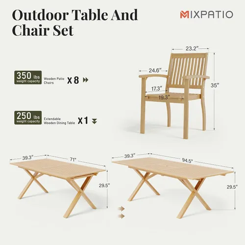 Miniatura 6 de MIXPATIO Juego de comedor de madera de acacia para exteriores, juego de mesa de comedor y sillas de patio de 7 piezas, mesa de comedor expandible