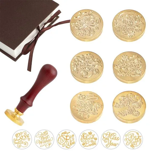Miniatura 8 de Juego de sellos de cera, 6 piezas de sellos de cera de sellado, cabezales de cobre + 1 empuñadura de madera, kit de sello de cera de sellado