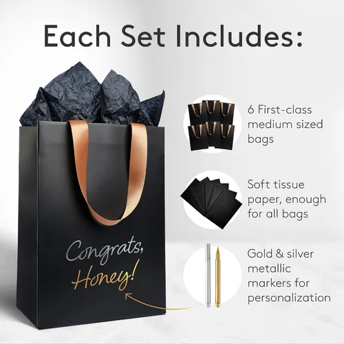 Miniatura 3 de Anavego 6 bolsas de regalo negras de primera clase con marcadores metálicos para personalización y papel de seda. Tamaño mediano 8 x 10 pulgadas.