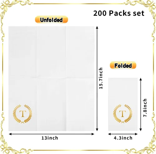 Miniatura 2 de Paquete de 200 servilletas desechables con monograma de lámina dorada con letra T, servilletas de mano desechables con inicial, para boda