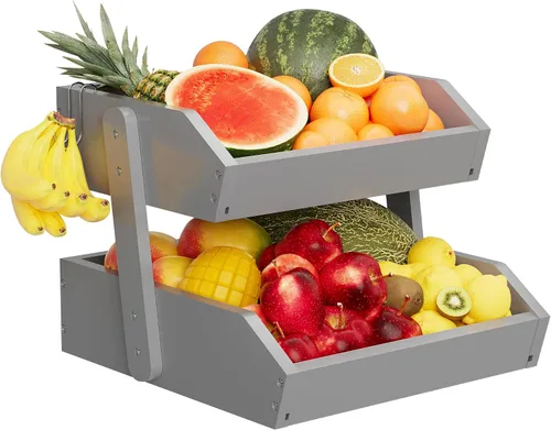 Miniatura 9 de Cesta de frutas de bambú de 2 niveles para encimera de cocina, encimera de almacenamiento de frutas de gran capacidad, soporte para frutas