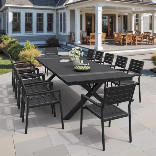 Miniatura 7 de Pellebant Juego de 2 sillas de comedor apilables para exteriores, sillas de patio de aluminio con brazos, para todo tipo de clima, para jardín, Negro