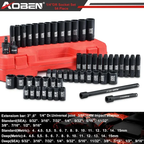 Miniatura 2 de AOBEN Juego de llaves de impacto de 1/4 pulgadas, 54 piezas, 6 puntos, SAE/métrica, (5/32" - 9/16", 0.157 in -0.591 in), profundo/poco profundo