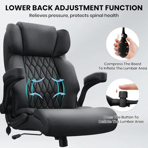 Miniatura 5 de Silla de oficina grande y alta de 500 libras, soporte lumbar ajustable para dolor de espalda, asiento extra ancho, silla de oficina ejecutiva, Negro