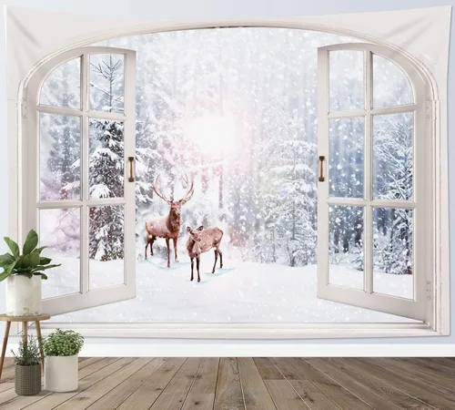 Miniatura 8 de WEENEO Tapiz de bosque de invierno, ventana, exterior, pino, Navidad, escena de nieve, tapiz de naturaleza, plantas, montaña bajo azul estrellado