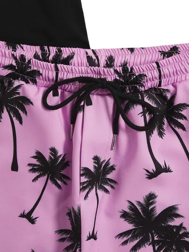 Miniatura 110 de GORGLITTER Conjunto de 2 piezas de camiseta gráfica de manga corta para hombre, estampado hawaiano con cordón y pantalones cortos