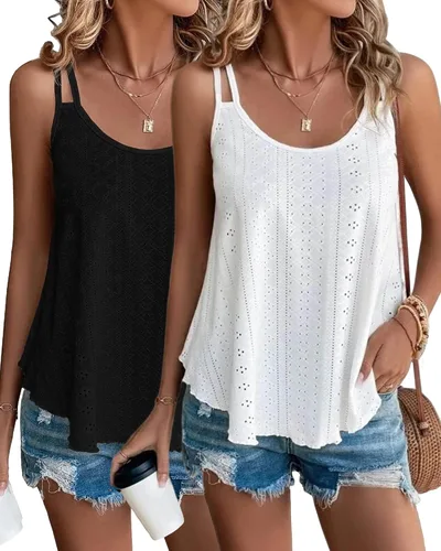 Donnalla Paquete de 2 camisetas sin mangas para mujer, con ojales bordados, sin mangas, tirantes delgados, cuello redondo, ajuste holgado, casual,