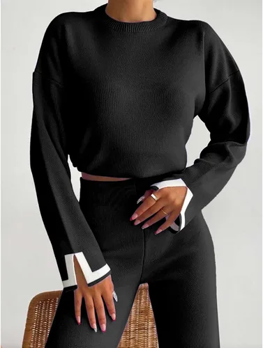 Miniatura 6 de MaLinfandor Conjunto de 2 piezas de suéter de punto para mujer, sudadera de manga larga, pantalones elásticos de pierna ancha, conjunto de ropa