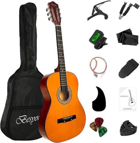 Miniatura 10 de Guitarra acústica de madera de 38 pulgadas con kit de inicio, bolsa de viaje, afinador, púa de guitarra con juego para principiantes para niños