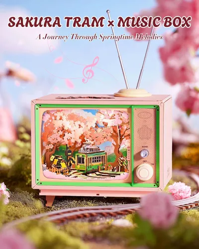 Miniatura 6 de Rolife Rompecabezas de madera 3D para adultos Kit DIY de rincón de libro de 16" Caja de música de flor de cerezo japonés Juguete conjunto