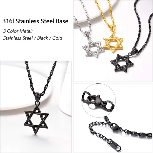 Miniatura 147 de U7 - Collar con Estrella de David para hombres y mujeres, dije hexagonal de acero inoxidable con cruz/piedra de rubí/collares clásicos judíos