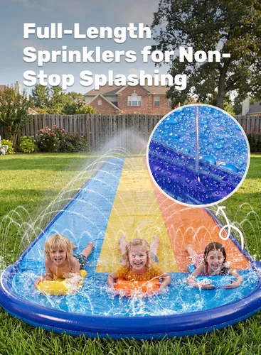Miniatura 4 de Sloosh Tobogán acuático triple con 3 tablas de cuerpo, almohadilla de agua para césped de 22.5 pies, juguete de verano con aspersor avanzado