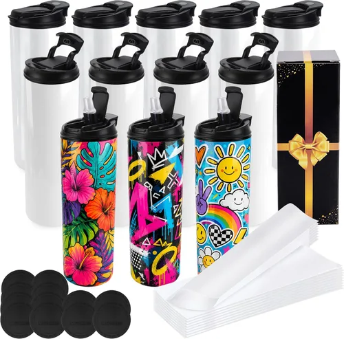 Joyclub 12 Pack Sublimation Water Bottles, 20 oz Dual Opening Tumblers | DIY Sublimation Blanks, Stainless Steel Bottle, Leakproof, Straw Included,