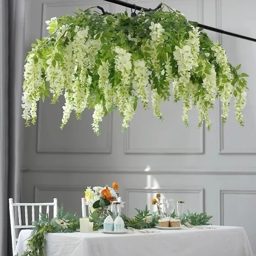 Miniatura 4 de Efavormart 140 cm Crema Artificial de Seda Glicinia Vid Colgante Dosel Redondo, Guirnalda de Flor Candelabro con Ramas Intercambiables