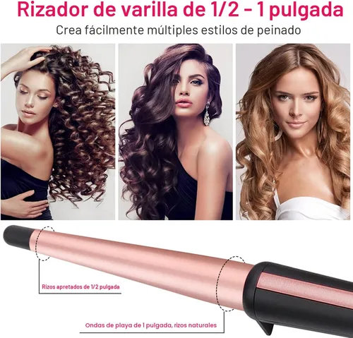Miniatura 3 de Rizador de pelo, rizador cónico de 0.5 a 1 pulgada, rizador de pelo profesional de cerámica con guante resistente al calor, doble voltaje (rosa)
