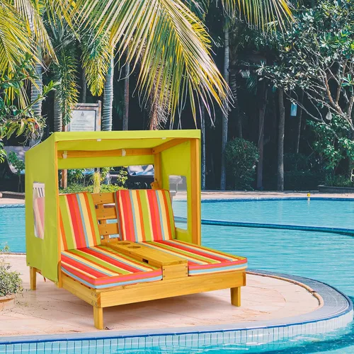 Miniatura 2 de COSTWAY Tumbona doble para niños al aire libre, silla de patio de 2 asientos con portavasos y cojines, silla de playa para niños con toldo, muebles