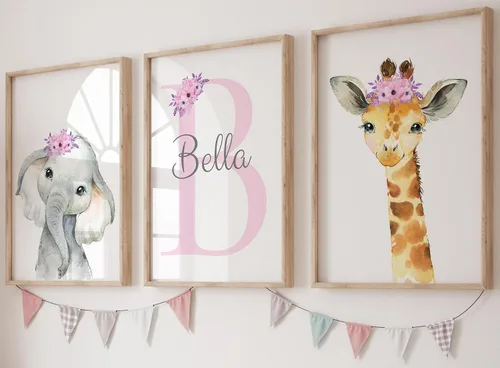 Miniatura 8 de Juego de 3 pósteres de animales de safari para niñas, habitación del bebé, sin marco, con nombre personalizado, flores rosas o moradas, decoración