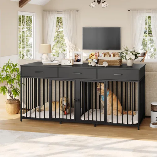 Miniatura 2 de HOSTACK Mueble doble para perros, perrera de 71 pulgadas de ancho para interiores con 3 cajones, jaula de granja para perros para 2 perros Negro