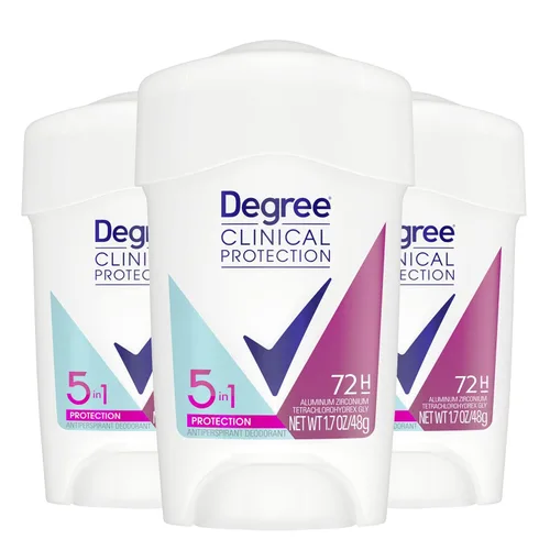 Degree Clinical Protection - Desodorante antitranspirante 5 en 1, paquete de 3, 72 horas de protección contra el sudor y el olor, 1.7 onzas