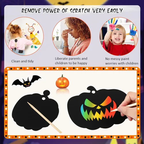 Miniatura 4 de JULMELON Kit de manualidades de papel para rascar de Halloween de 36 piezas, lote de calabazas de Halloween, arte mágico de arco iris para rascar