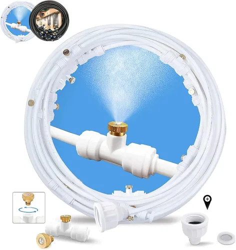 Miniatura 9 de Sistema de nebulización para patio de 80 pies (78.7 ft), manguera de rociador de agua para exteriores, jardín, invernadero, cubierta, paraguas, Negro