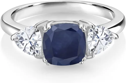 Miniatura 20 de 925 Sterling Silver Gemstone Birthstone and White Moissanite 3-Stone Engagement Ring for Women 7MM Cushion and 5MM Trillion Accents Three Stone