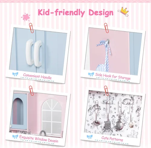 Miniatura 4 de BRINJOY Juego de cocina para niños, juego de cocina de madera para niños con grifo, fregadero, estufa, horno, ventana, utensilios de cocina, Rosa