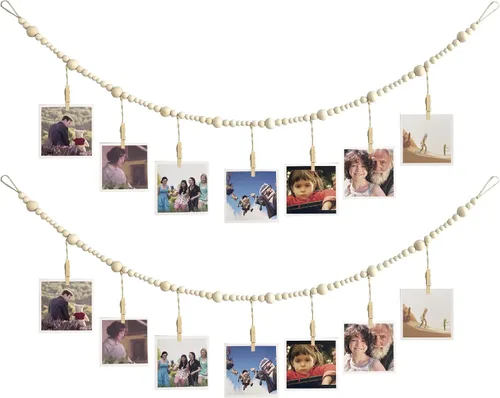 Miniatura 3 de Expositor de fotos colgante de 4 pies con clips, decoración bohemia de cuentas de madera, guirnalda de cuentas de cumpleaños, soporte para fotos