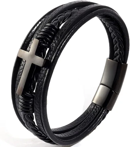 ZNDIJE Stainless Steel Braided Leather Bracelet for Men Cuff Bangle Cross Magnetic Clasp