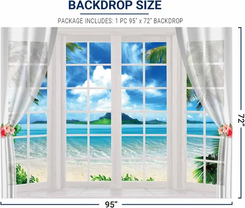 Miniatura 3 de Allenjoy Fondo de ventana de playa de verano de 8 x 6 pies, telón de fondo hawaiano tropical para fotografía, isla del océano, hojas de palma, Luau