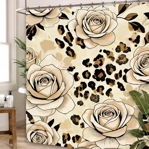 Miniatura 4 de Cortina de ducha de baño con diseño de flores de leopardo y rosas, 60 pulgadas de ancho por 71 pulgadas de alto, color marrón, marrón, marrón