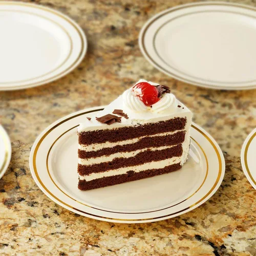 Miniatura 8 de Efavormart - Paquete de 10 platos redondos desechables de plástico Très Chic de 6 pulgadas con borde dorado, platos de postre de alta calidad