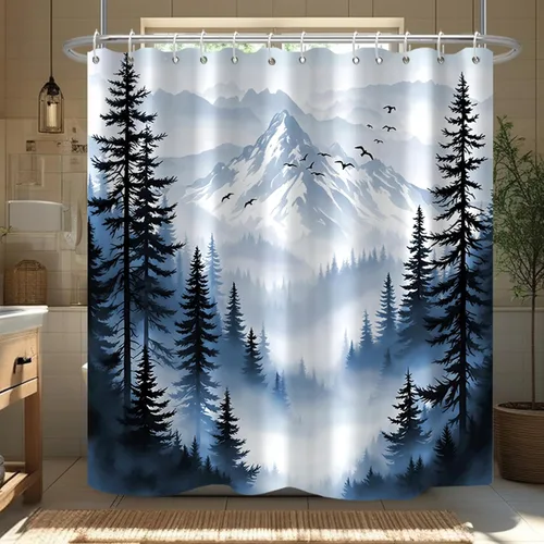 Miniatura 2 de Cortina de Ducha Azul Bosque de Pino Montaña Aves Paisaje Nebuloso Cortina de Ducha Impermeable de Tela para Decoración de Baño 60x72 Pulgadas