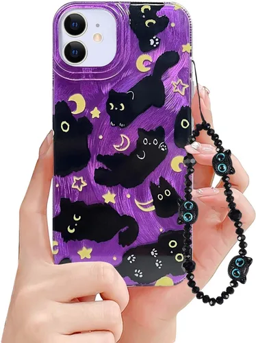 Miniatura 16 de Funda de teléfono para iPhone 11 con patrón de gato lindo, estética, genial y femenina con correa de encantos de teléfono y cadena, funda protectora