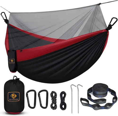 Miniatura 19 de Hamaca de camping con red, hamaca doble portátil ligera con correas para árbol y mosquetones sólidos en forma de D, hamaca de nailon de paracaídas