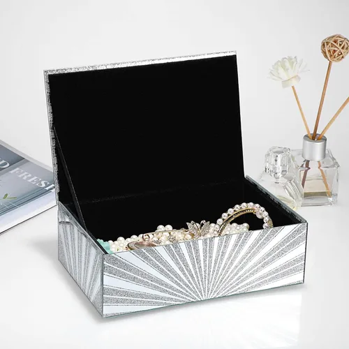 Miniatura 6 de Hipiwe Joyero de espejo con patrón de sol de diamante triturado, caja grande de cristal para baratijas, caja decorativa plateada, caja de recuerdos