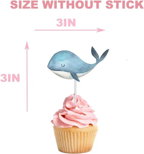 Miniatura 4 de Decoración para cupcakes de ballena, 10 piezas, decoraciones de fiesta de cumpleaños bajo el mar para niños, suministros náuticos de baby shower