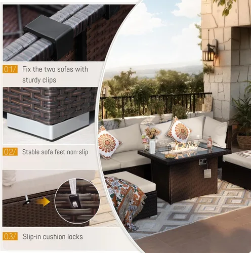 Miniatura 7 de BULEXYARD Juego de 7 piezas de muebles de patio con respaldo alto con mesa para fogata de propano/gas natural de doble combustible, sofá seccional