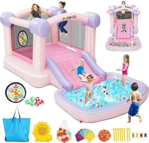 AKEYDIY Pastel Dream Casa de Rebote para Niños de 3-10, Casa de Rebote de Agua de 161x82x63 pulgadas con Tobogán, Piscina de Pelotas/Foso de