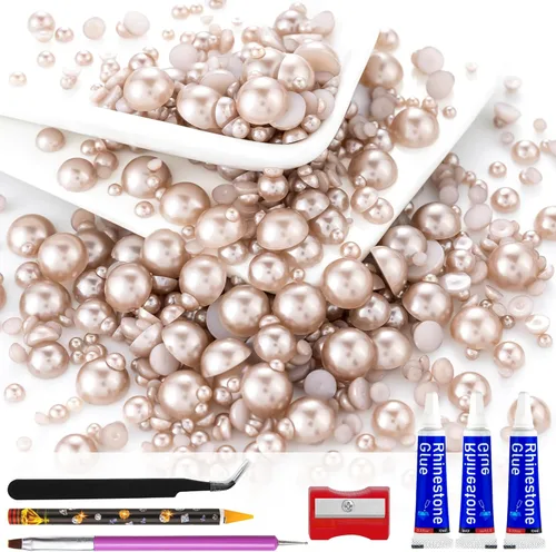 Miniatura 32 de 60g de Perlas Acuamarina Dorada con Diamantes de Imitación para Manualidades Tamaño Mixto 3mm-10mm Color AB Redondas Perlas Medias Planas Conjunto