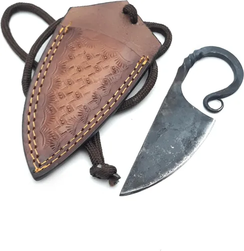 Miniatura 6 de ANCILLA Cuchillo de ciervo de campamento hecho a mano para caza de damasco, hoja fija de espiga completa, mini cuchillo de cuello de vaquero