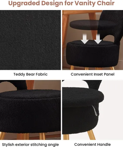 Miniatura 9 de Taburete silla de tocador pequeño con almacenamiento y respaldo plegable, 4 patas de metal con pies antideslizantes, otomana redonda con asiento