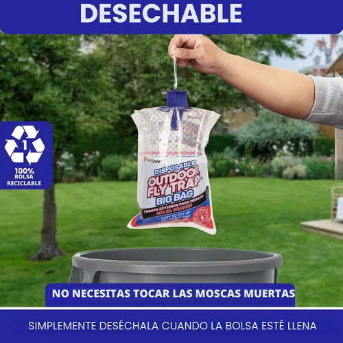 Miniatura 5 de Trampas para moscas para exteriores para patio. 2 bolsas grandes no tóxicas para moscas precebadas desechables al aire libre. Grandes atrapadores