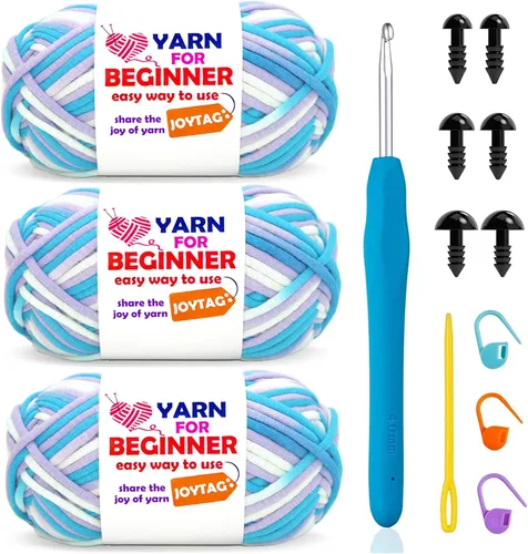 Miniatura 41 de Paquete de 3 hilos de ganchillo de mezcla de algodón y nailon - azul, gris, verde - 3x50g - puntadas fáciles de ver - kit de ganchillo y tejido