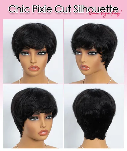 Miniatura 5 de QUEEN VIRGIN REMY QVR Pixie Cut Wig Human Hair Wigs with Bangs Short Wigs for Black Women Human Hair Different Style Pixie Wig for Daily Wear Black