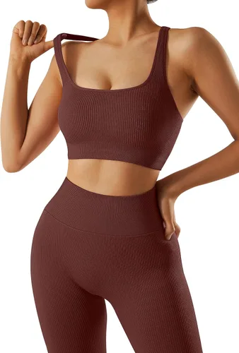 Miniatura 6 de OMKAGI Conjunto de entrenamiento acanalado para mujer, sin costuras, brasier deportivo con tiras y levantamiento de glúteos