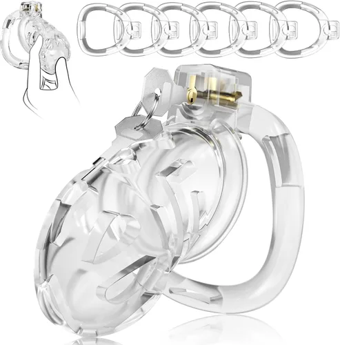 Jaula de Castidad Masculina - Jaula de Polla de Silicona Suave con 6 Anillos Ajustables, Dispositivo de Bloqueo de Pene Ligero, Diseño Invisible,